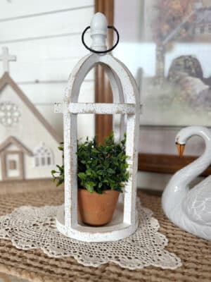Distressed White Wood Lantern with Metal Hanger