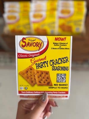 Front of Savory Party Cracker Seasoning Classic Original packet with bold yellow packaging.