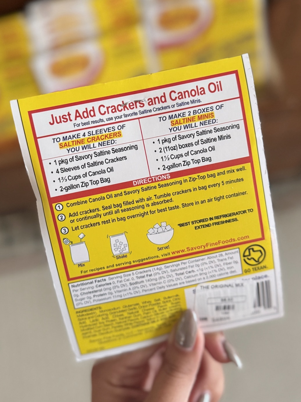 Back of Savory Party Cracker Seasoning packet showing easy mix-and-shake instructions.