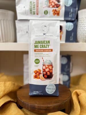 Bag of Jamaican Me Crazy ground coffee with cognac and caramel flavor, 12oz.