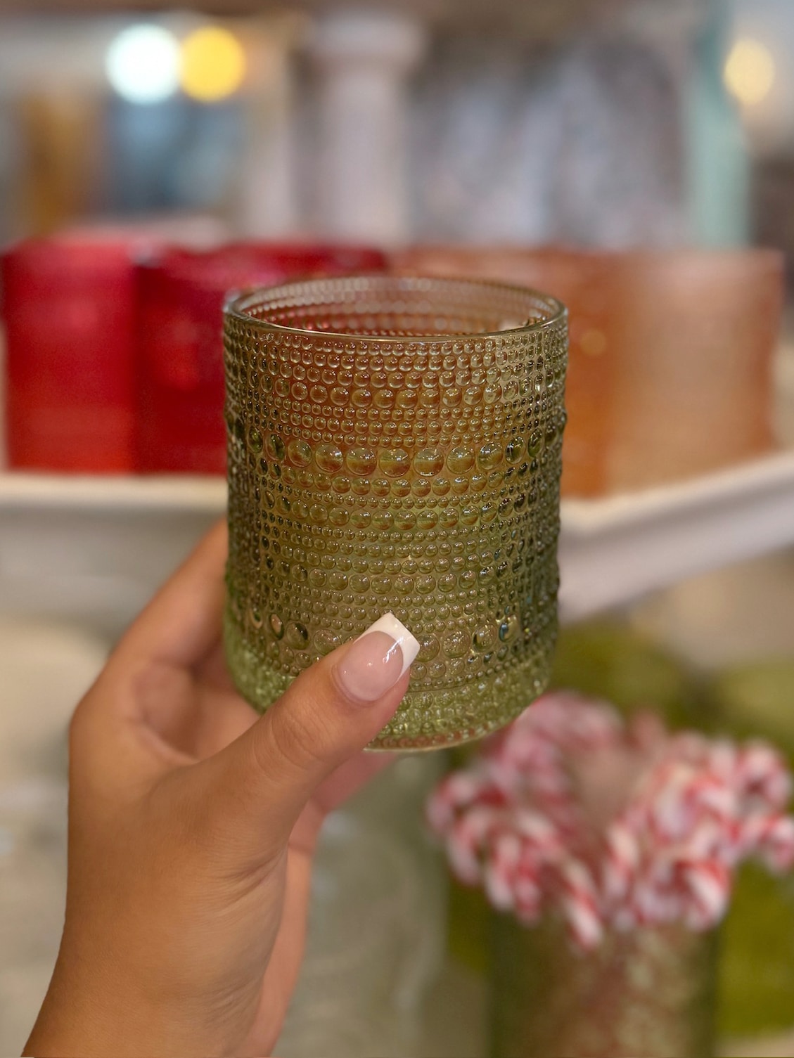 Close-up of Sage Green Beaded Old Fashion Drinking Glass showing textured detail and vintage-inspired design.