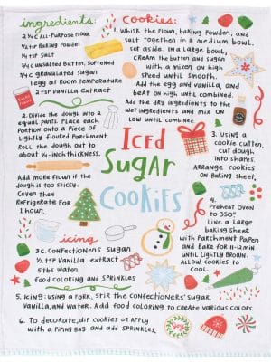Cotton kitchen towel featuring Christmas cookie recipe design with terrycloth backing.