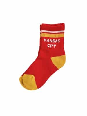 Youth red Kansas City socks with gold heel, toe, and striped cuff.