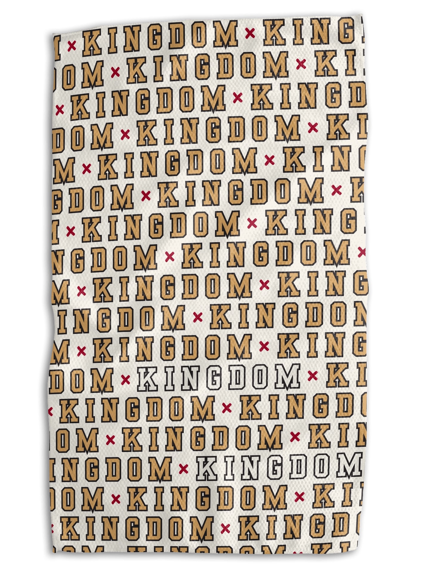 KC Chiefs Kingdom Hats Dish Towel with rows of red, black, and gold hats printed on absorbent microfiber waffle fabric.