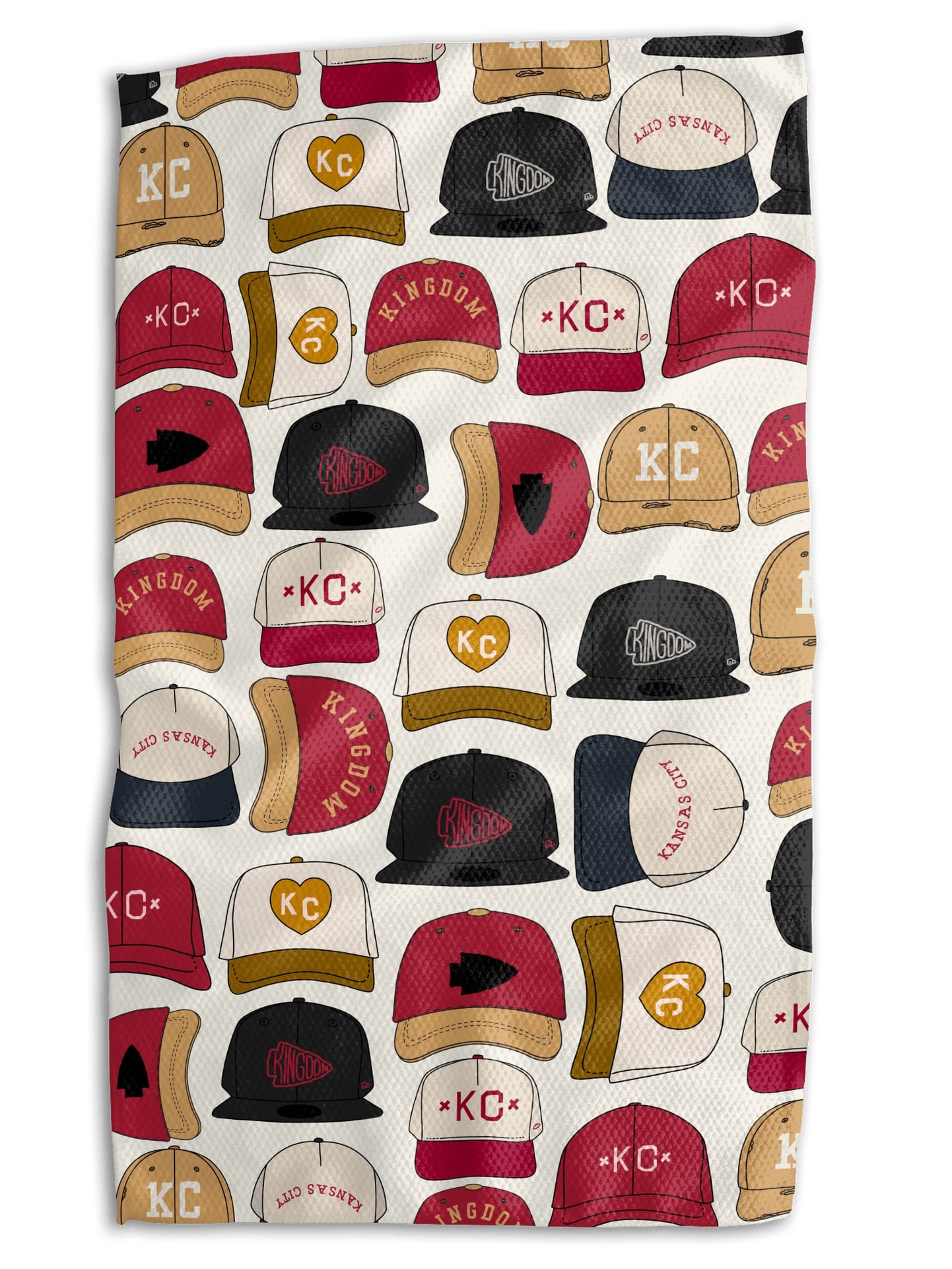 Oversized Chiefs Kingdom Hats Tea Towel with KC and arrowhead hat designs in red, gold, and black on white microfiber.