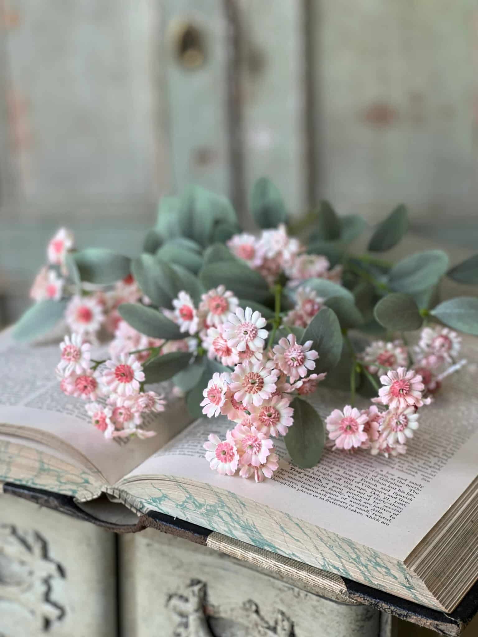 be-made-hays-ks-soft-pink-daisy-bush-on-book Soft Pink Daisy Bush resting on an open book with rounded greenery and petite blooms.