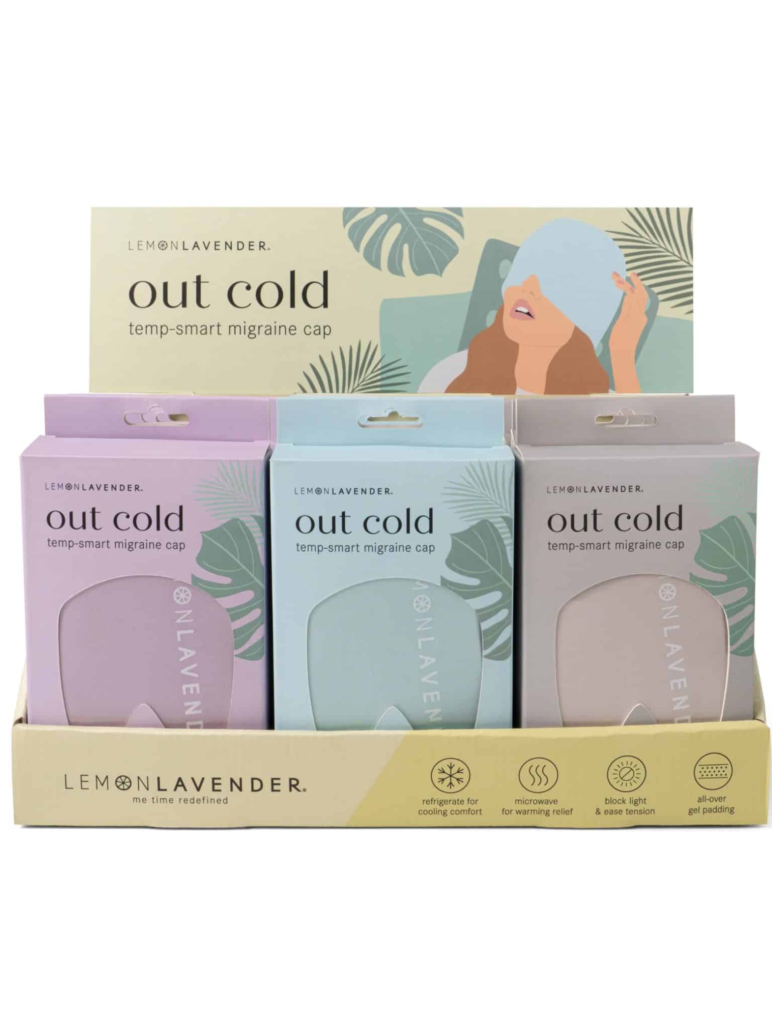 Temp Smart Migraine Caps in lavender, gray, and blue displayed in retail packaging.