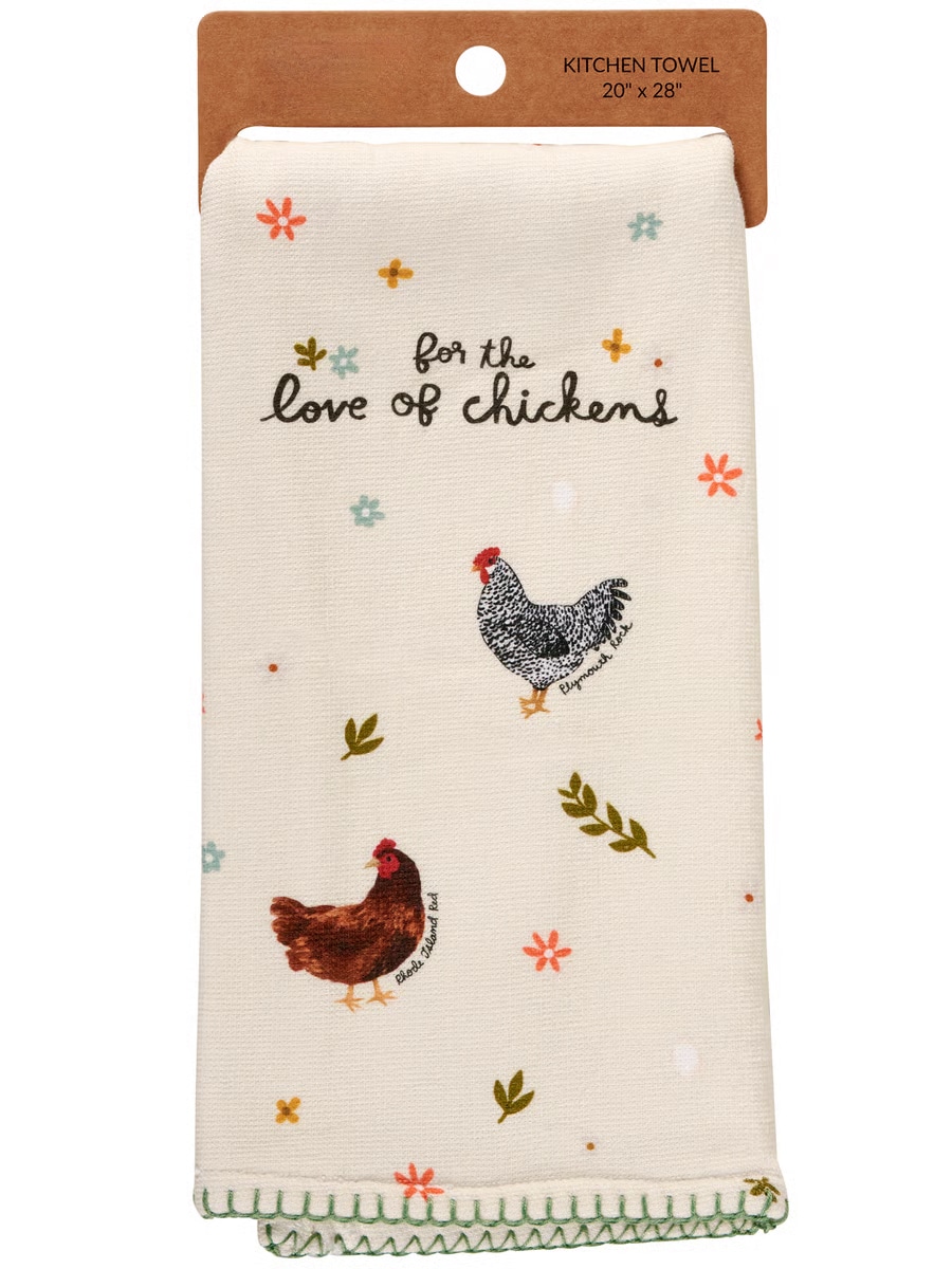 Country kitchen towel featuring playful hen designs, durable cotton blend, and green hem detail.
