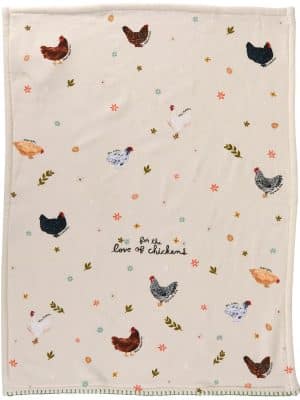 Farmhouse-style chicken print towel with textured slub fabric, corner hanging loop, and absorbent terrycloth back.