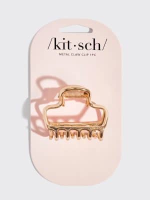 Kitsch puffy gold open claw clip on pink packaging card.