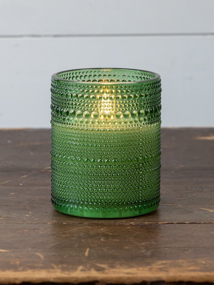 be-made-hays-ks-green-dotted-glass-flameless-candle Green dotted glass flameless candle with lifelike 3D flame and timer, styled for holiday and everyday decor.