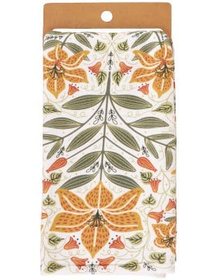 Cotton kitchen towel featuring colorful lily pattern with absorbent terrycloth back.