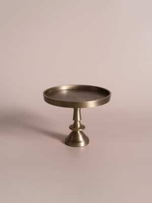 Small antiqued gold pedestal stand with cast metal base, food-safe display for decor or serving