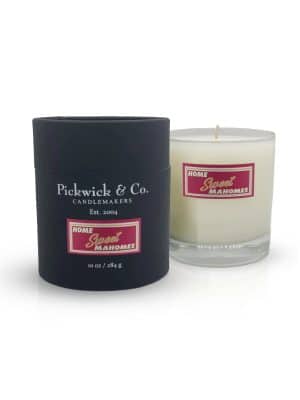 Home Sweet Mahomes Pickwick Candle in glass vessel with black box packaging – sandalwood, tonka, and tobacco scent – 10 oz