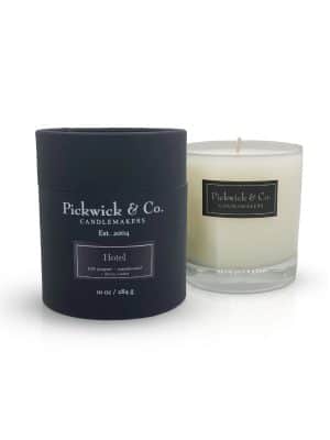 Hotel Pickwick Candle in glass vessel with black Pickwick & Co. box – 10 oz pink pepper, sandalwood, and violet scent.