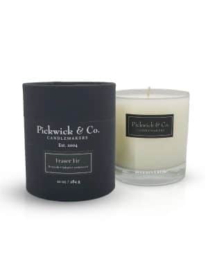 Fraser Fir Pickwick Candle in glass vessel with black gift box, 10 oz with fir needle, balsam, cedarwood, and herbal notes