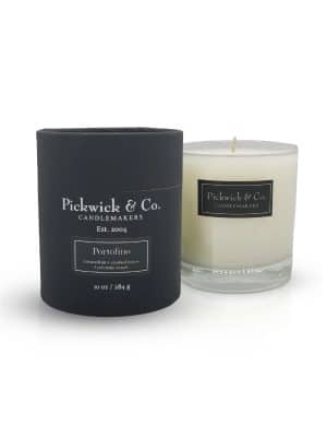 Pickwick & Co. Portofino Candle with black box packaging – passionfruit, crushed leaves, and precious woods fragrance.
