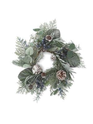 Full 13.5″ Frosted Cedar and Eucalyptus Wreath with Blue Berry featuring mixed greenery, pinecones, and wintry accents.
