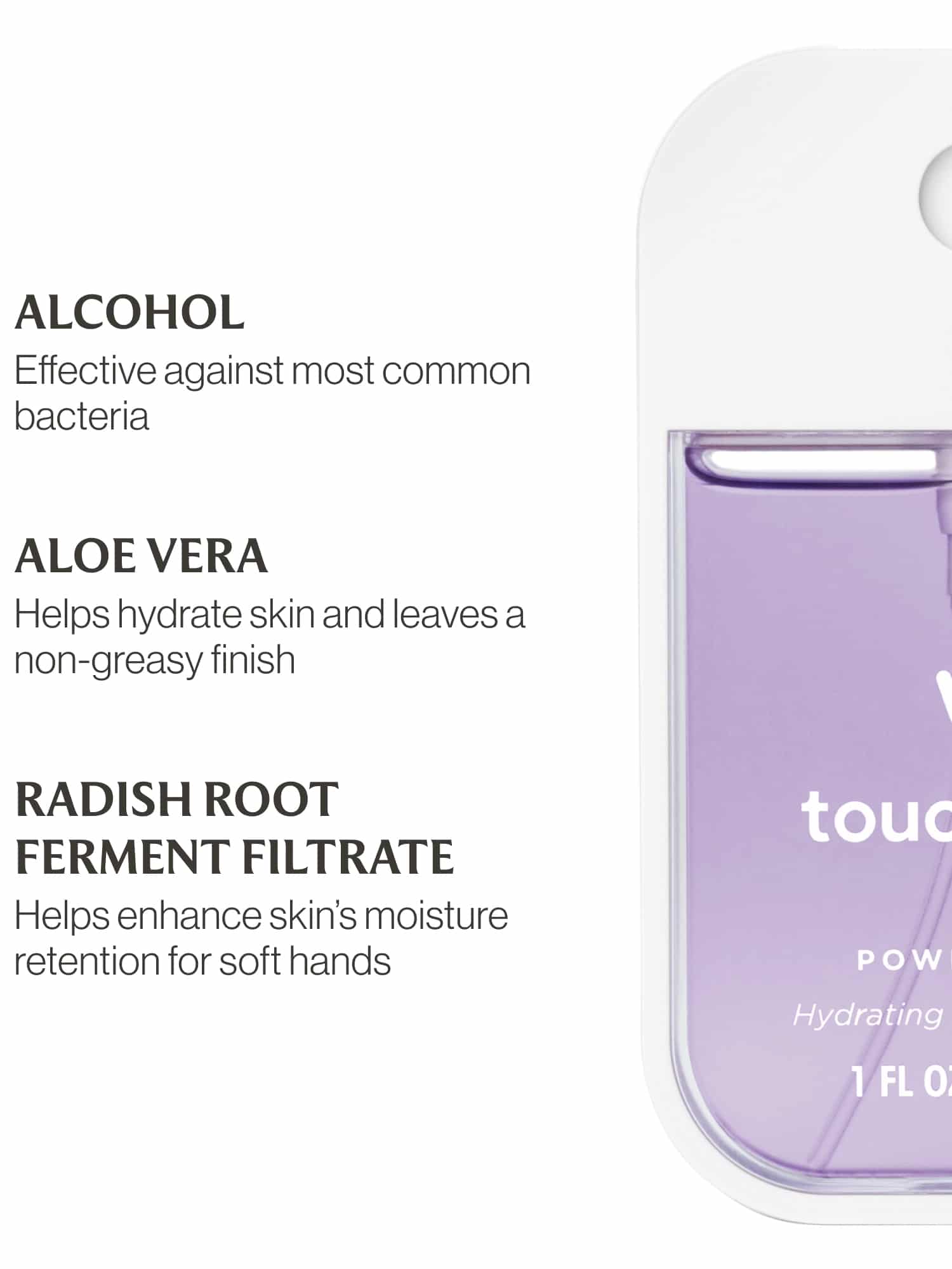 Touchland Lavender Power Mist ingredient callouts highlighting alcohol, aloe vera, and radish root ferment filtrate.