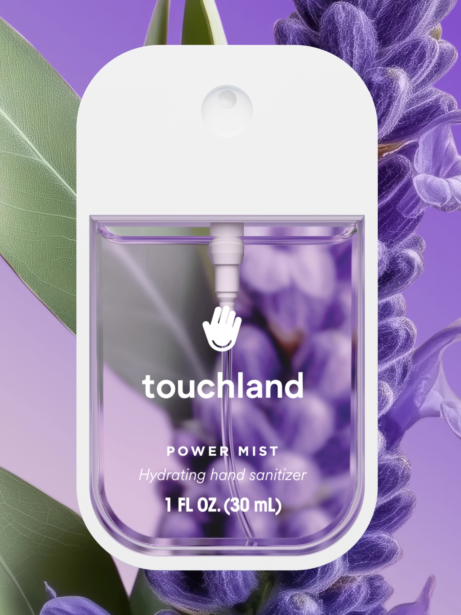 Touchland Lavender Power Mist Hand Sanitizer shown against a lavender floral background.