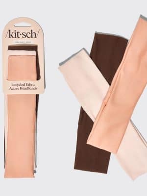 Set of three rosewood-inspired recycled fabric active headbands in neutral pink, cream, and brown tones.