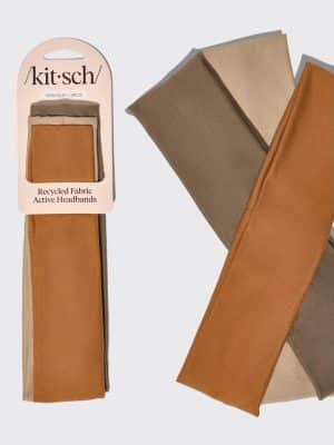 Set of three neutral recycled fabric active headbands in Sedona tones on packaging card.