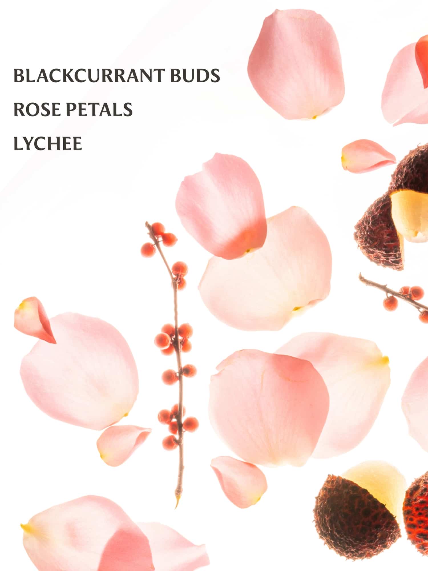 Rosewater Glow Mist Hand Sanitizer Spray scent notes with rose petals and lychee.
