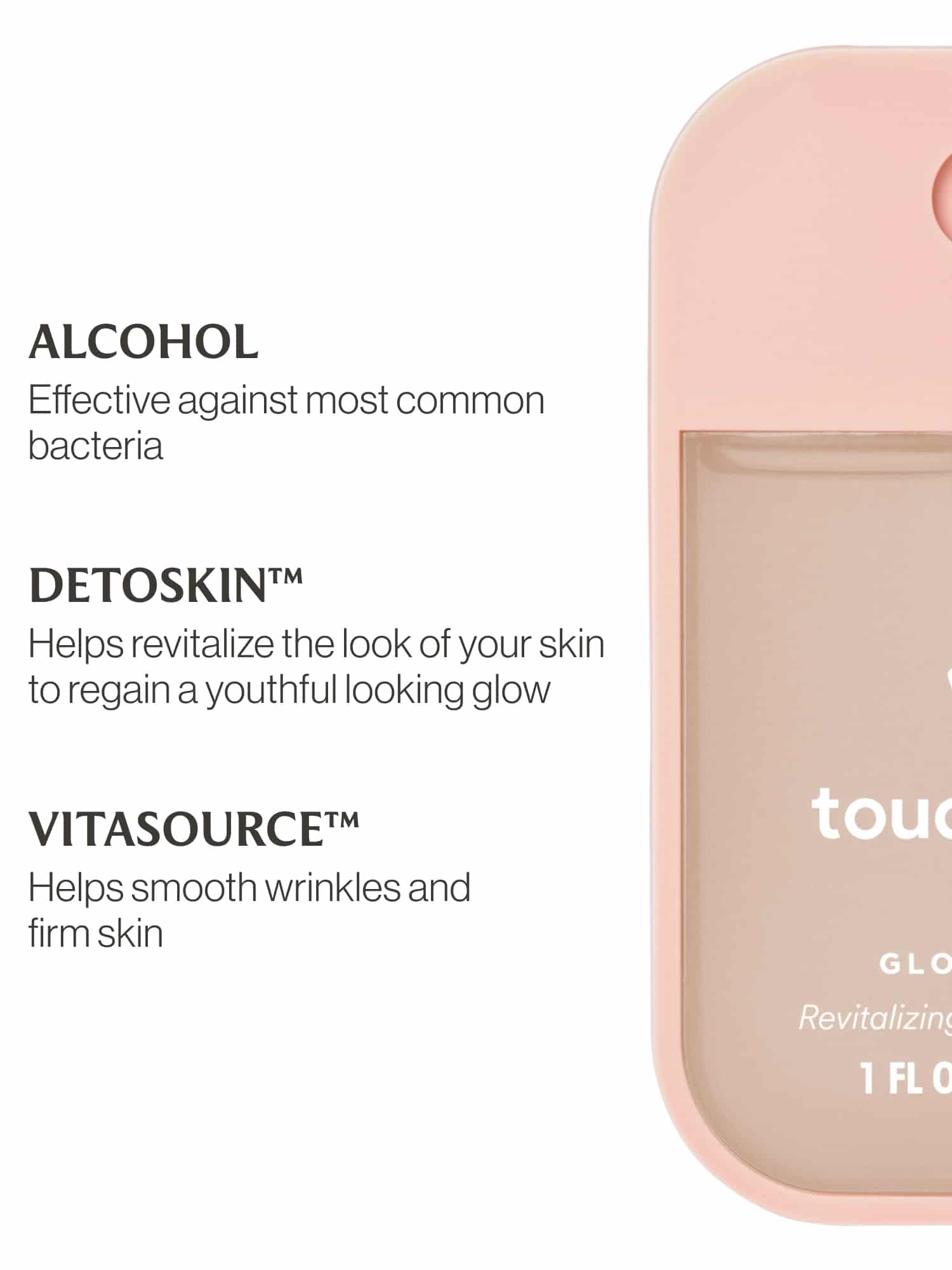 Rosewater Glow Mist Hand Sanitizer Spray with ingredient benefit text.