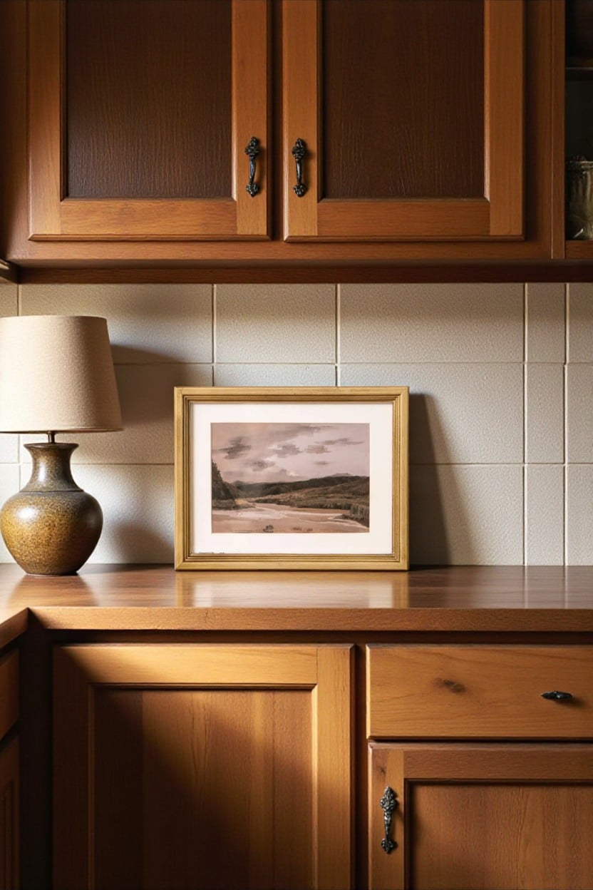 Vintage-inspired landscape framed art with a river scene, styled on a wooden counter with lamp.