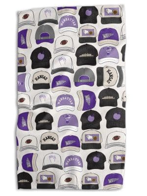 KSU Hats Tea Towel with purple, black, and gray Wildcat hat designs, oversized microfiber waffle fabric, reversible, 18x30.