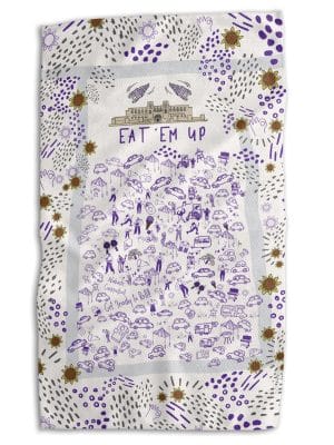 KSU Tailgate Tea Towel featuring purple tailgate illustrations with “Eat ’Em Up” text, double-sided with bold sunflower reverse, oversized microfiber.
