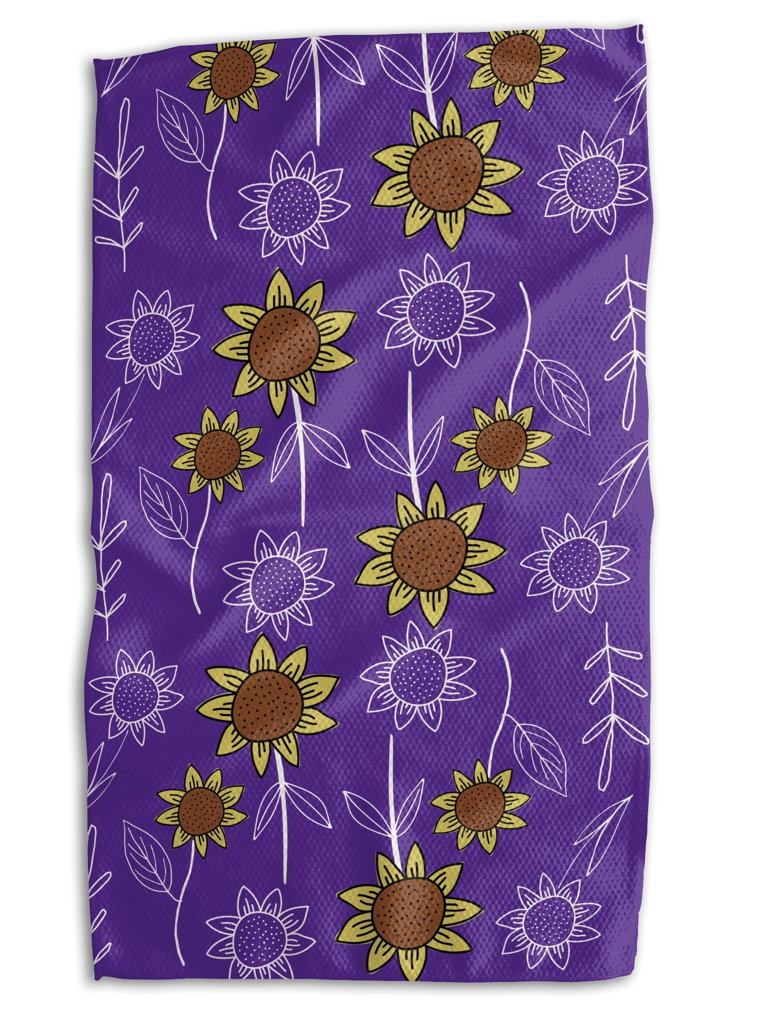 Kansas State Wildcats Tailgate Tea Towel with playful purple game day designs, surrounded by wildflowers, and sunflower reverse print, 18x30 microfiber.