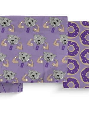 KSU Wild Thing Double-Sided Dish Cloth Set with flexing Willie mascot, donuts, sunflowers, and purple plaid designs.