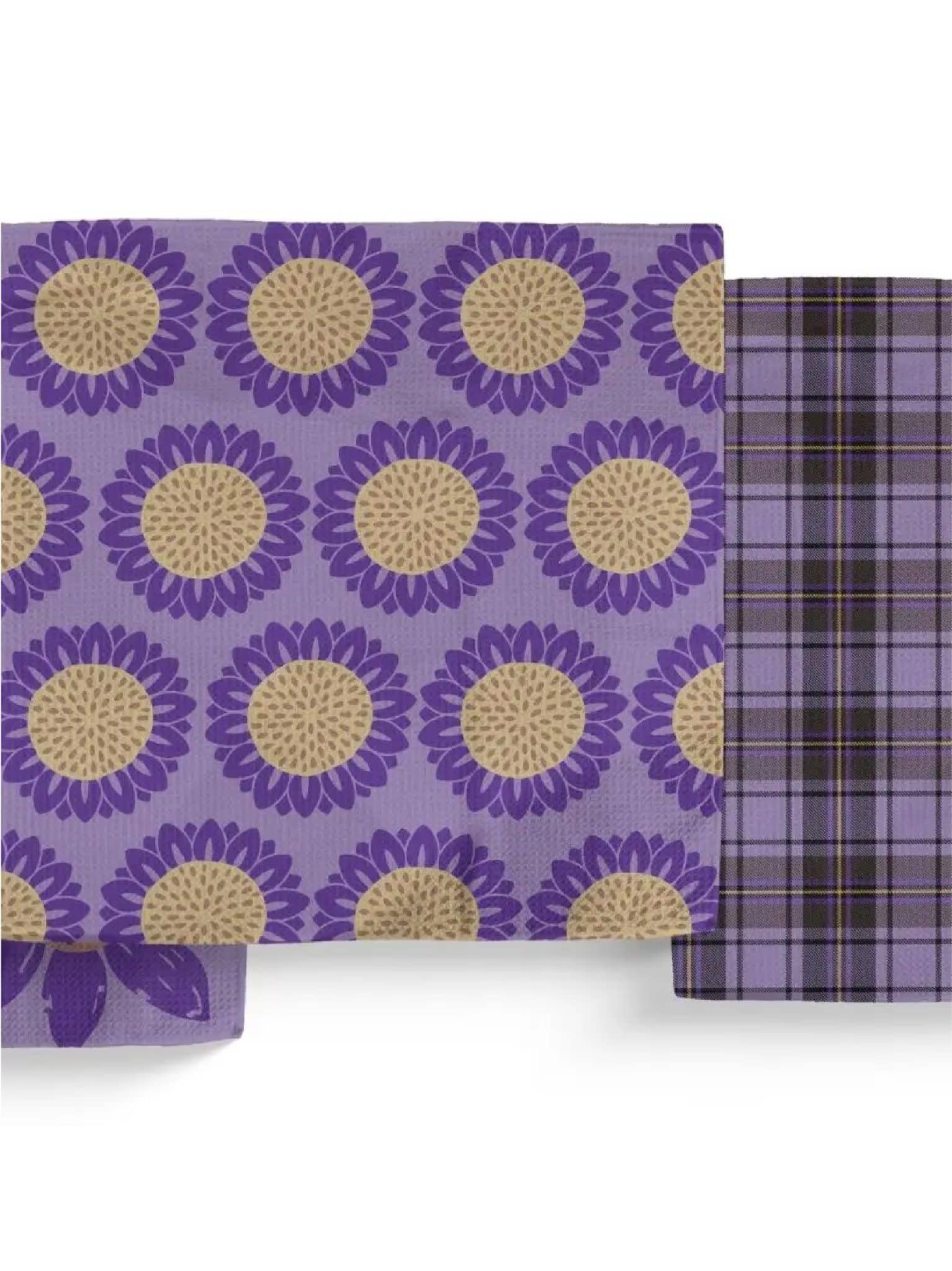 Set of three KSU Wild Thing microfiber dish cloths featuring purple mascot, sunflower, donut, and plaid patterns.