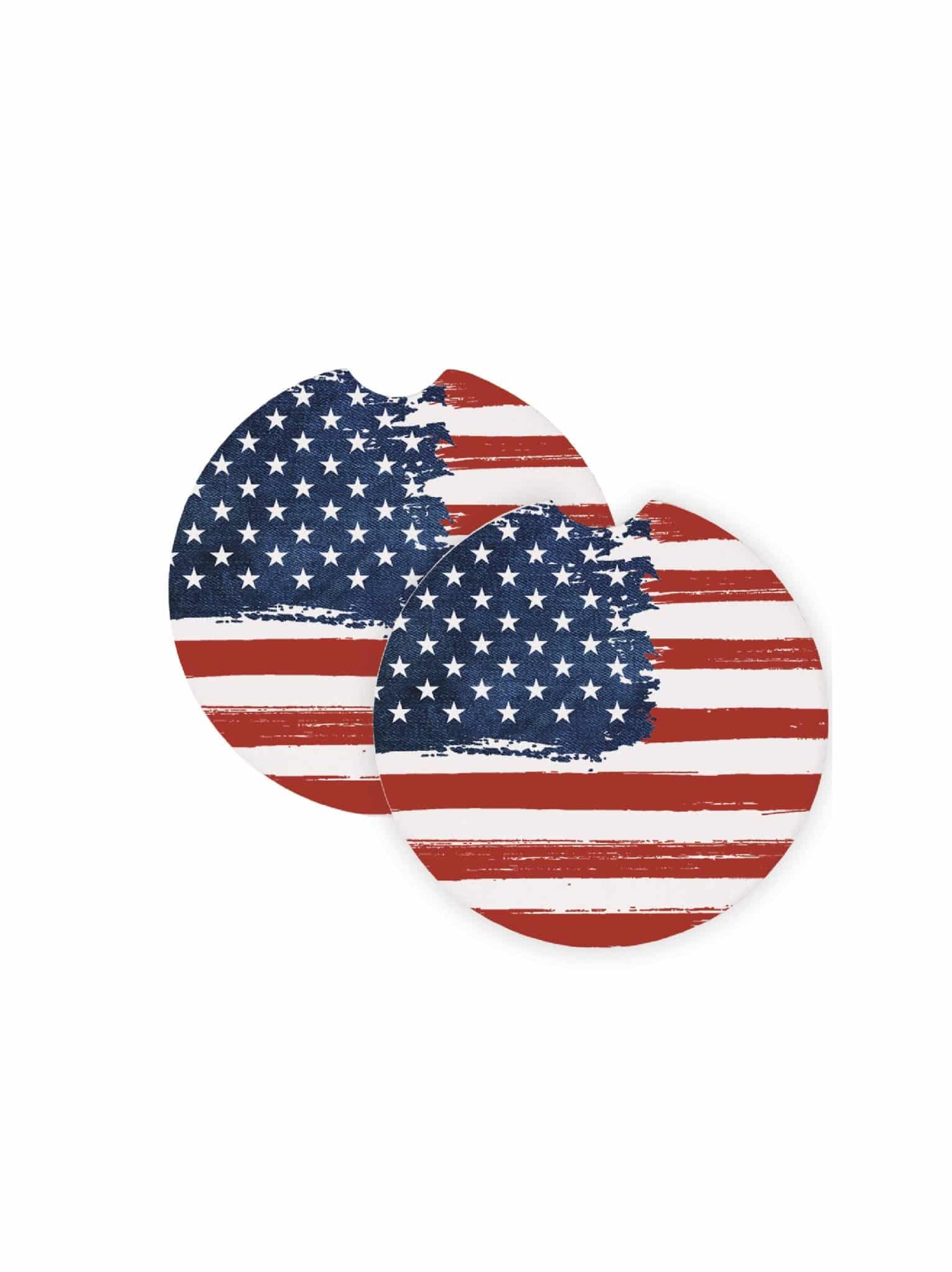 Set of two distressed American flag car coasters with red, white, and blue design