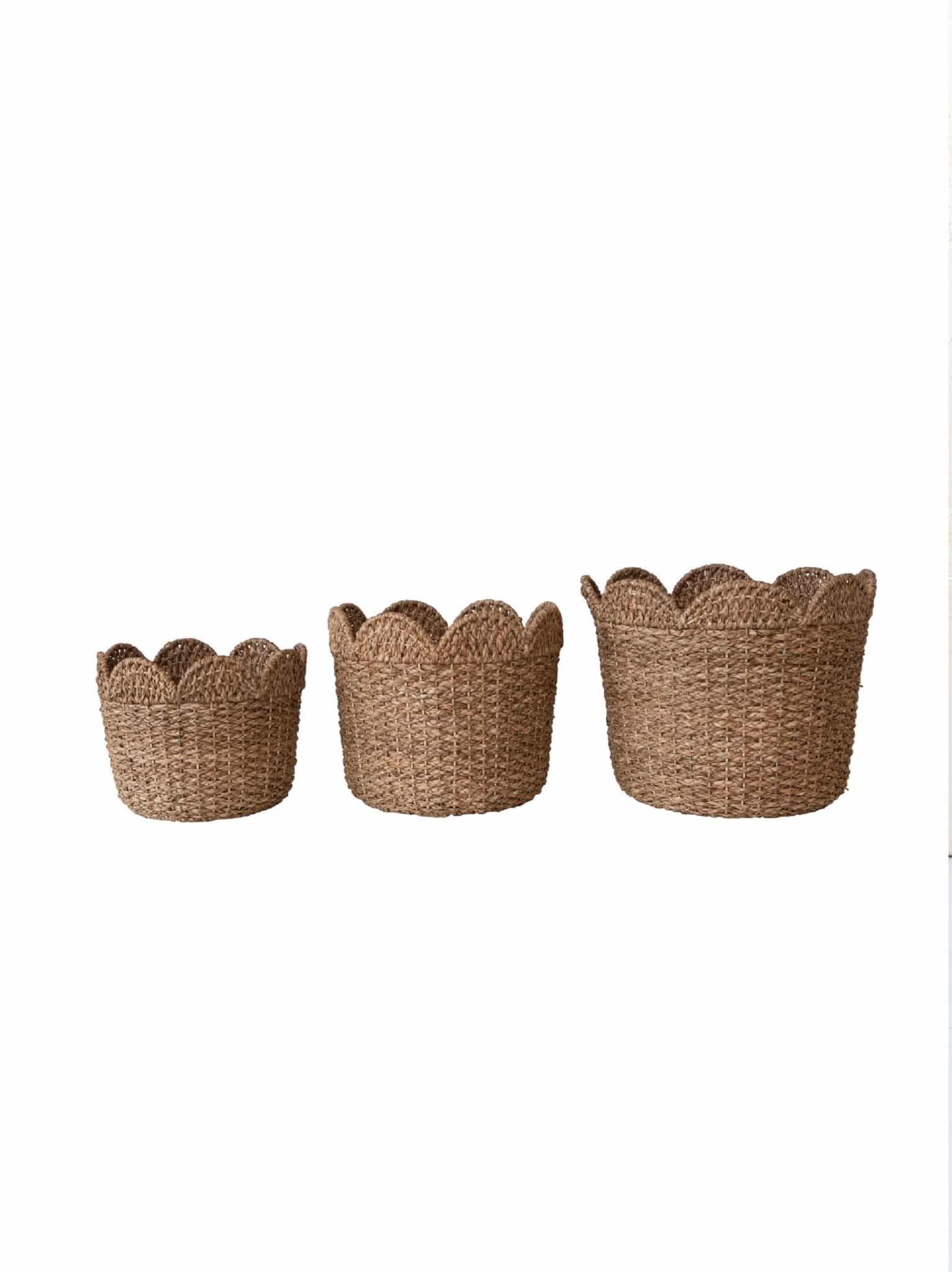 Three natural bankuan baskets with rattan scalloped edges, displayed in small, medium, and large sizes.