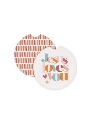 Round ceramic car coasters with multicolor retro text reading “Jesus Loves You” and a coordinating striped pattern on the back.