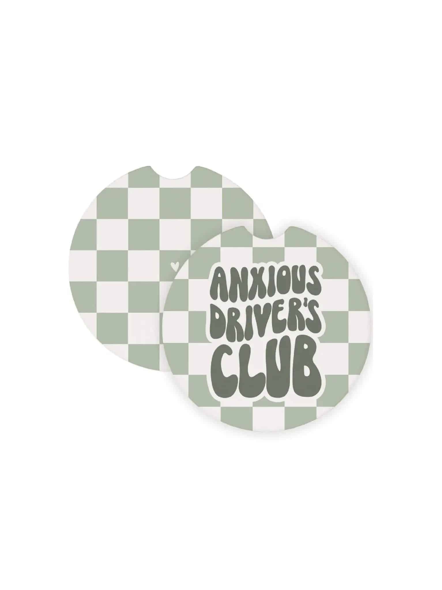 be-made-hays-ks-anxious-drivers-club-car-coasters Round ceramic car coasters with a sage green and white checkered design and the phrase “Anxious Driver’s Club.”