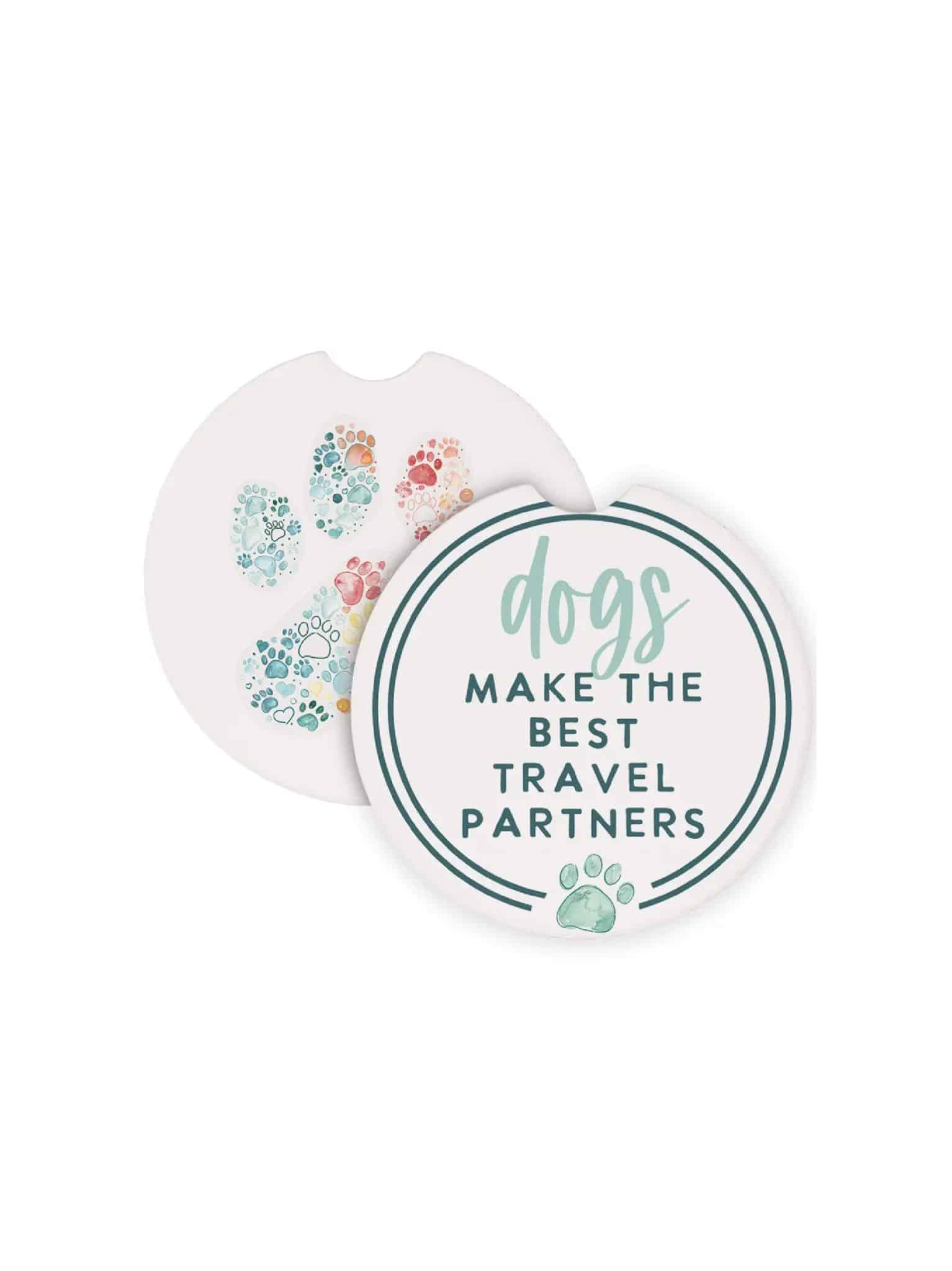 be-made-hays-ks-dogs-make-the-best-travel-partners-car-coasters Round ceramic car coasters with colorful paw prints and the quote “Dogs Make the Best Travel Partners,” designed to fit in standard car cup holders.