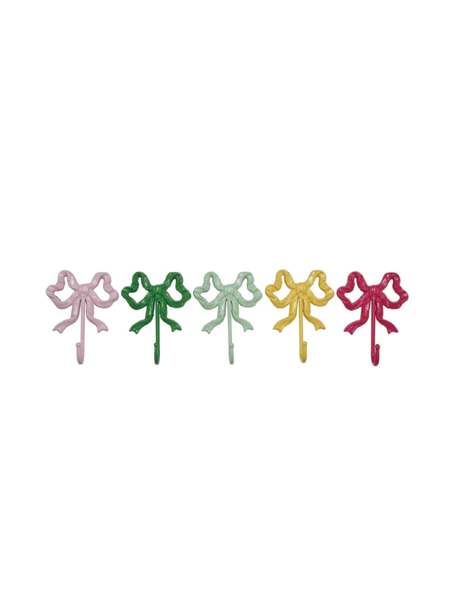 Cast Iron Bow Wall Hooks shown in a five-color lineup on a white background.