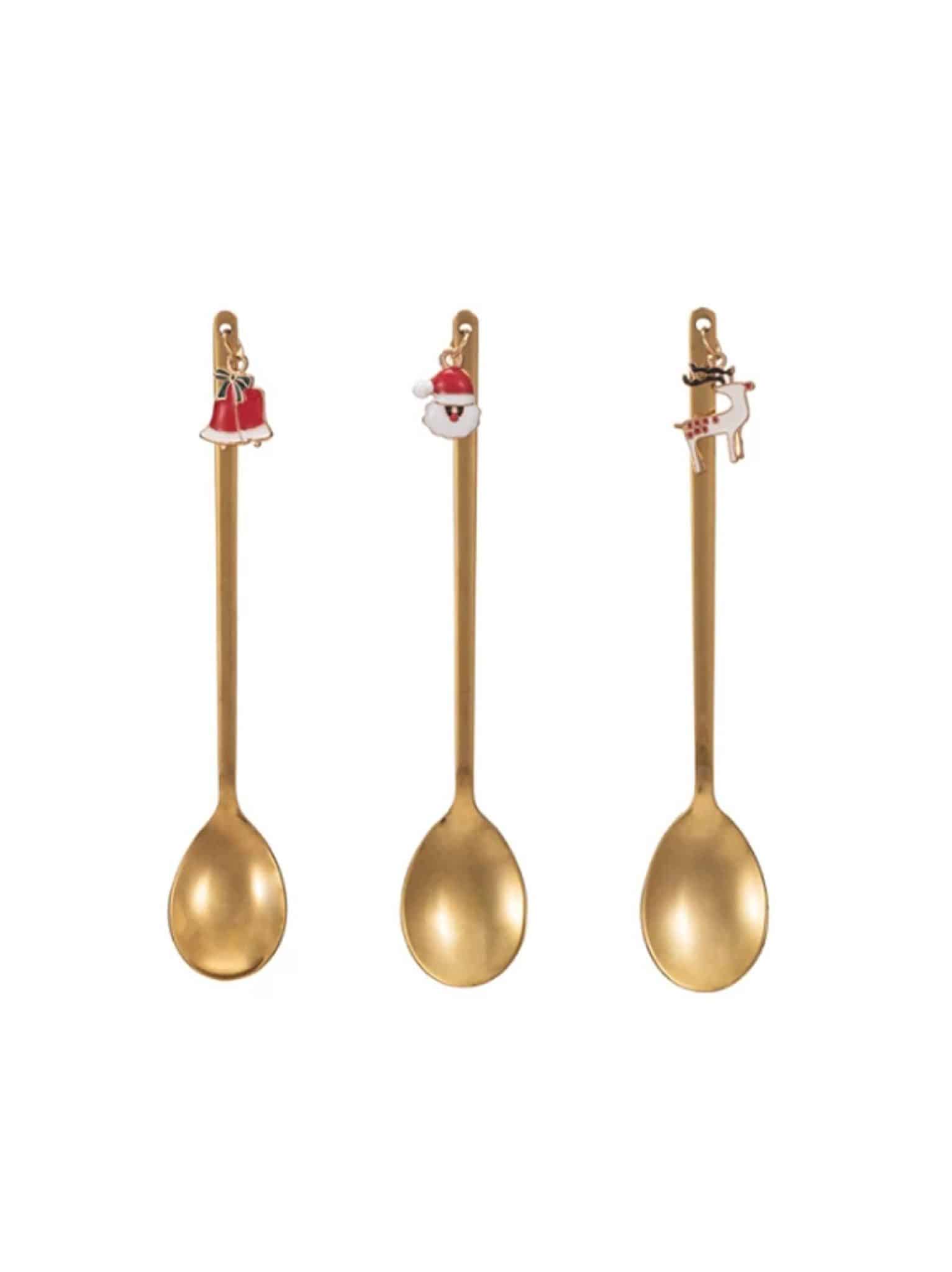 Mini gold spoon with Santa charm on the handle, 5.25 inches long, festive and decorative.