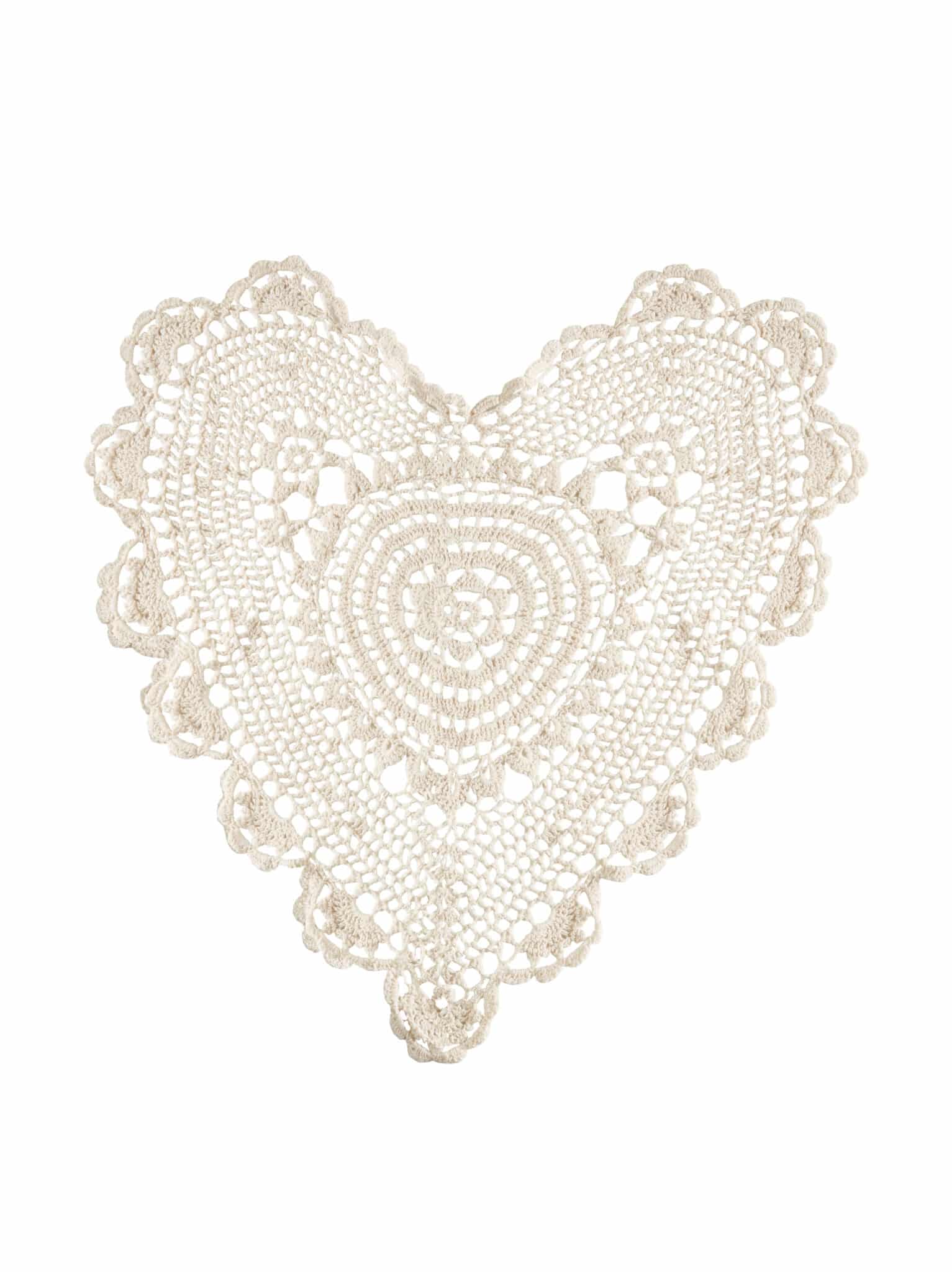 Heart Cream Lace Doily in ecru cotton crochet featuring an intricate heart pattern with delicate scalloped edges on a white background.