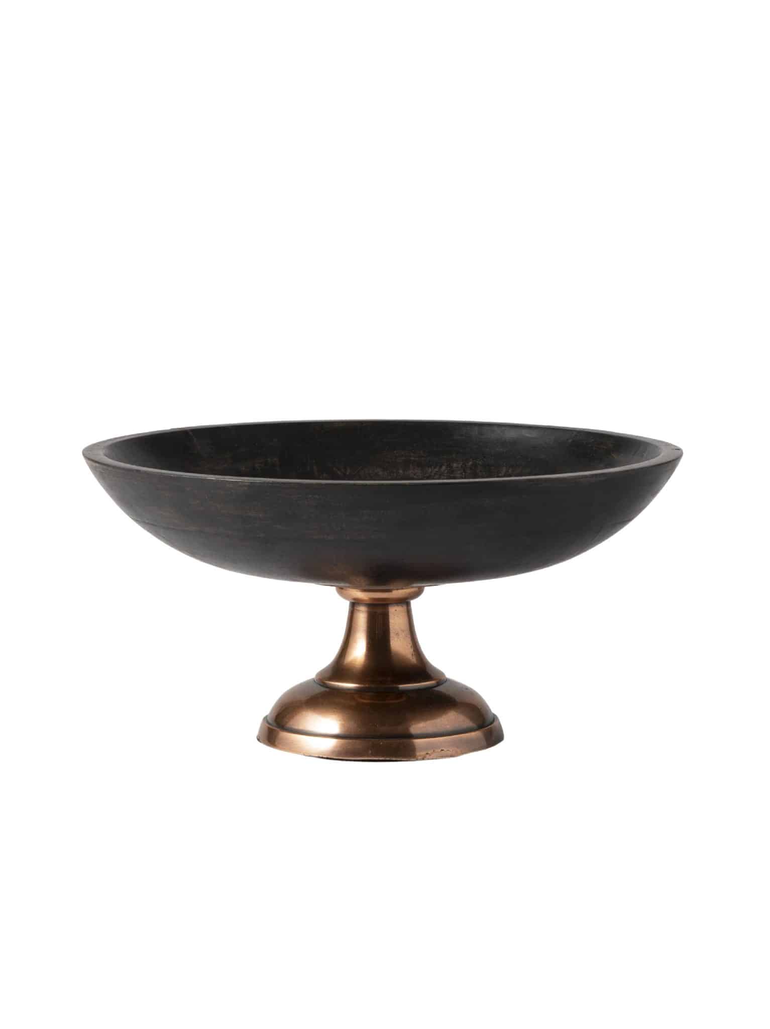 Side view of the dark wood and copper footed bowl
