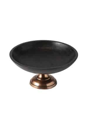 wood pedestal bowl with copper base, empty and styled on white background