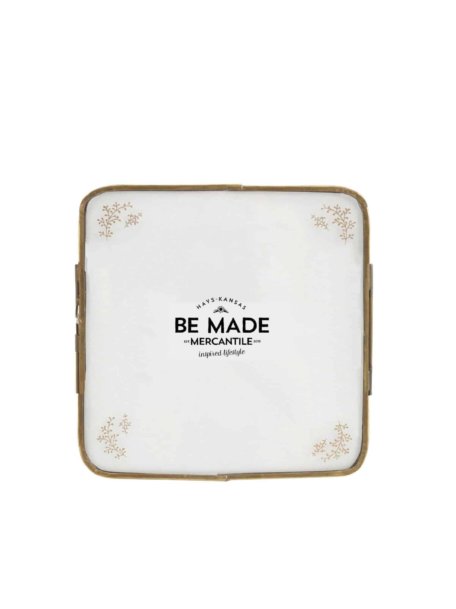 be-made-hays-ks-floral-metal-photo-frame-5x5-brass-finish-floral-corners Floral Metal Photo Frame 5x5 with soft brass-finish rim, clear glass, and delicate floral corner details with insert.