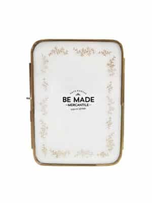 Floral Metal Photo Frame 5x7 with brass-finish rim, clear glass, and a botanical border print inside.