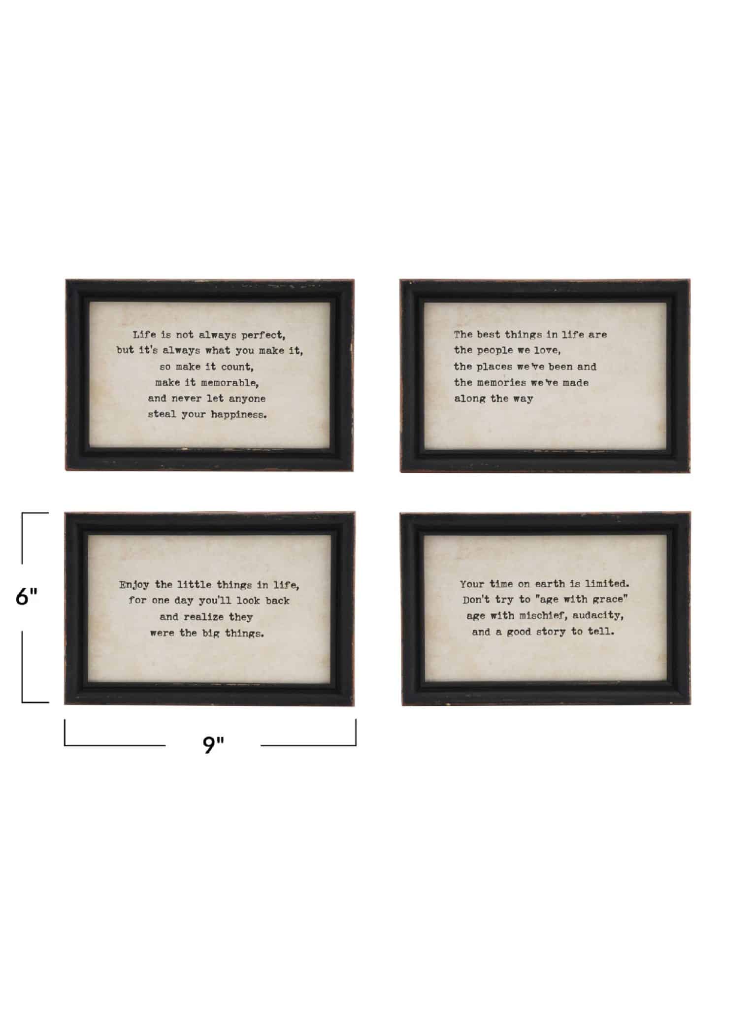 Four black wood framed quote signs with typewriter-style text, each measuring 9 inches wide by 6 inches high, featuring inspirational sayings on a neutral background.