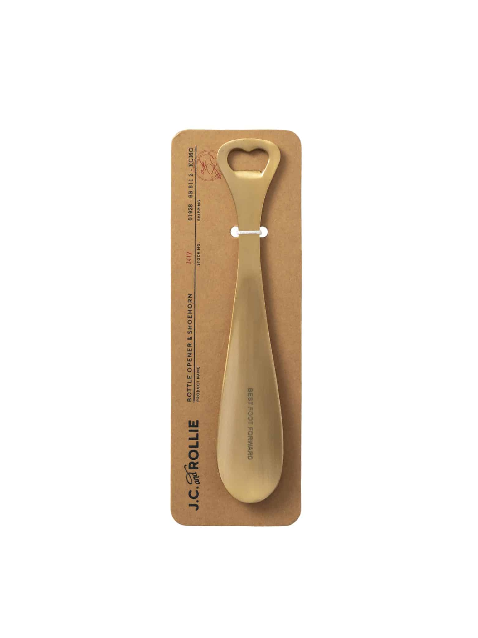 Shoe Horn and Bottle Opener shown vertically on kraft packaging card with branded label