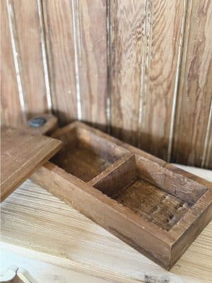 Wood Storage Box Long open with focus on slots inside