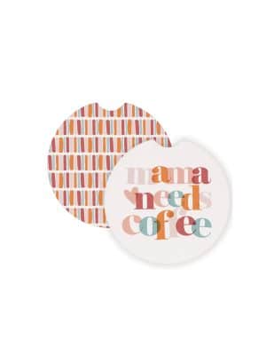 Set of two ceramic car coasters with multicolor “Mama Needs Coffee” design